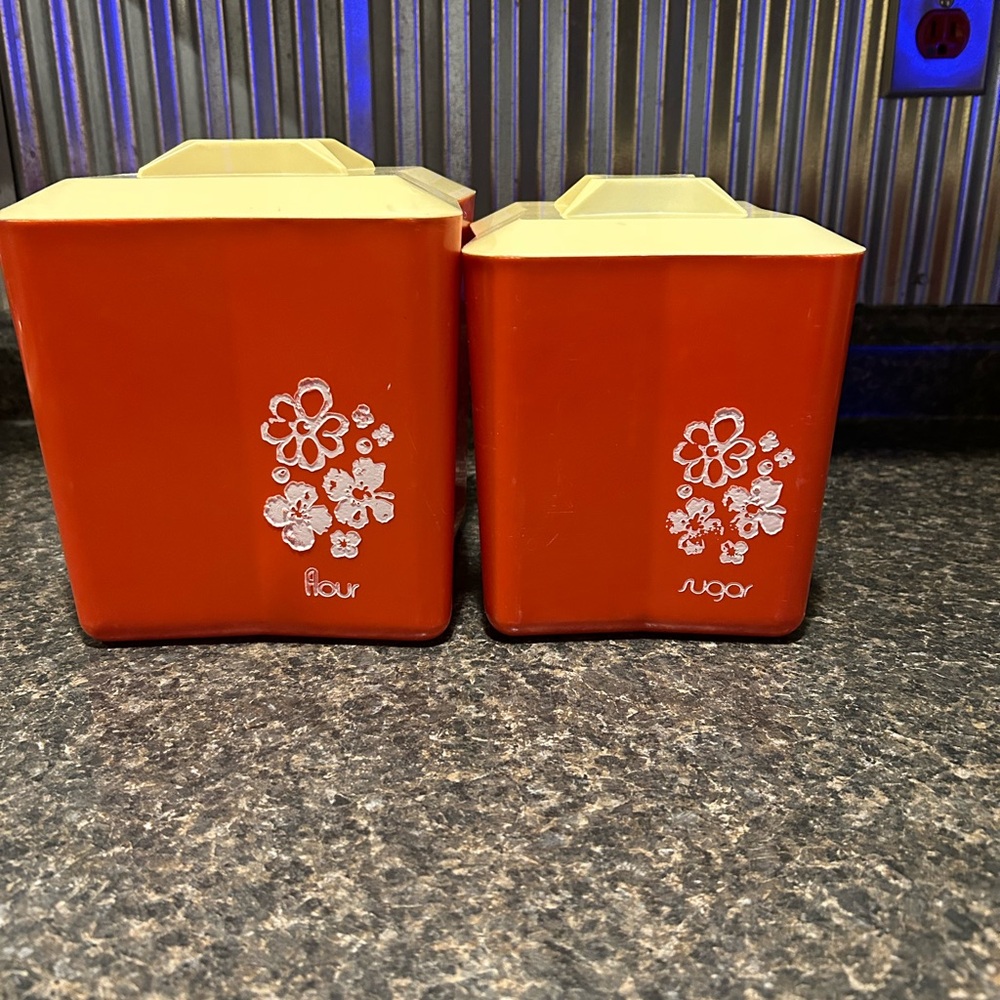Vintage Orange and Cream Canister Set with Vintage Floral Design